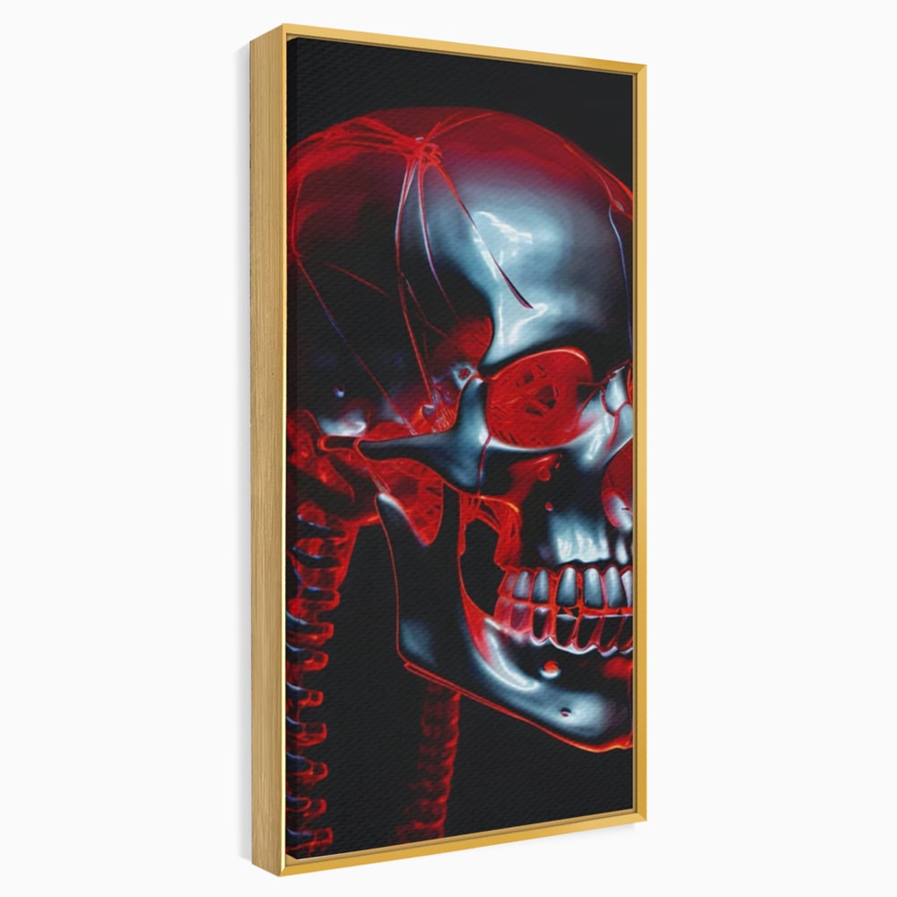 Tablou canvas cu ilustratie digitala cu un craniu metalic, in rama de aluminiu auriu