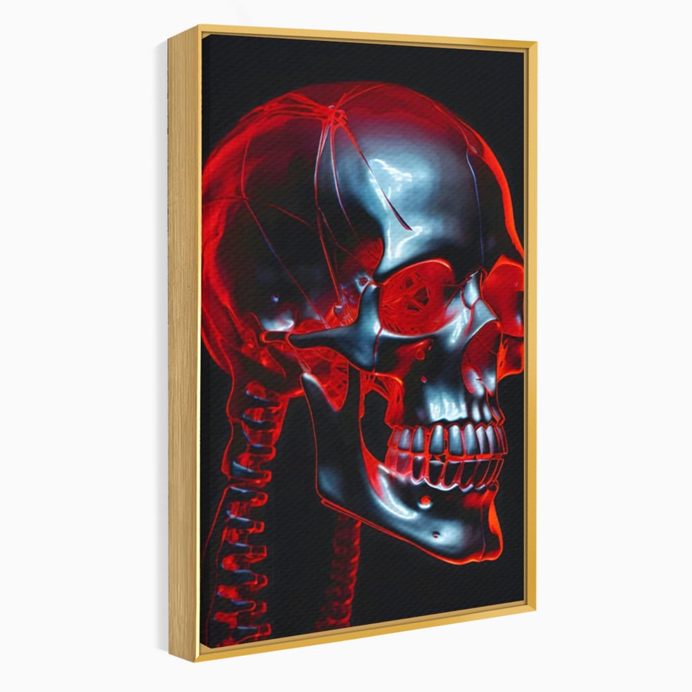 Tablou canvas cu ilustratie digitala cu un craniu metalic, in rama de aluminiu auriu