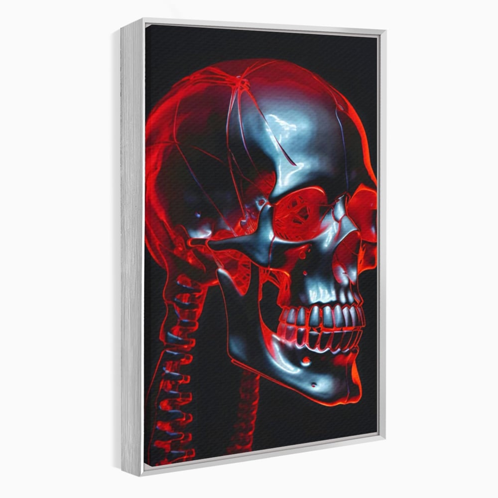 Tablou canvas cu ilustratie digitala cu un craniu metalic, in rama de aluminiu argintiu