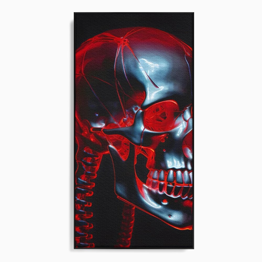 Tablou canvas cu ilustratie digitala cu un craniu metalic, in rama de aluminiu negru