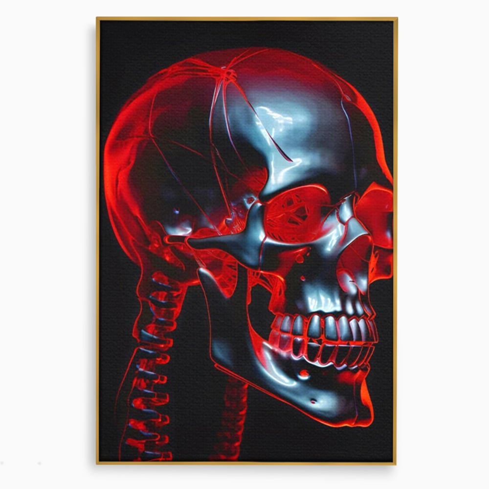 Tablou canvas cu ilustratie digitala cu un craniu metalic, in rama de aluminiu auriu