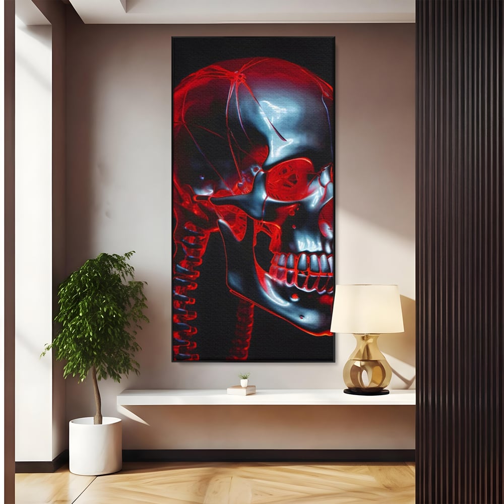 Tablou canvas cu ilustratie digitala cu un craniu metalic, in rama de aluminiu negru