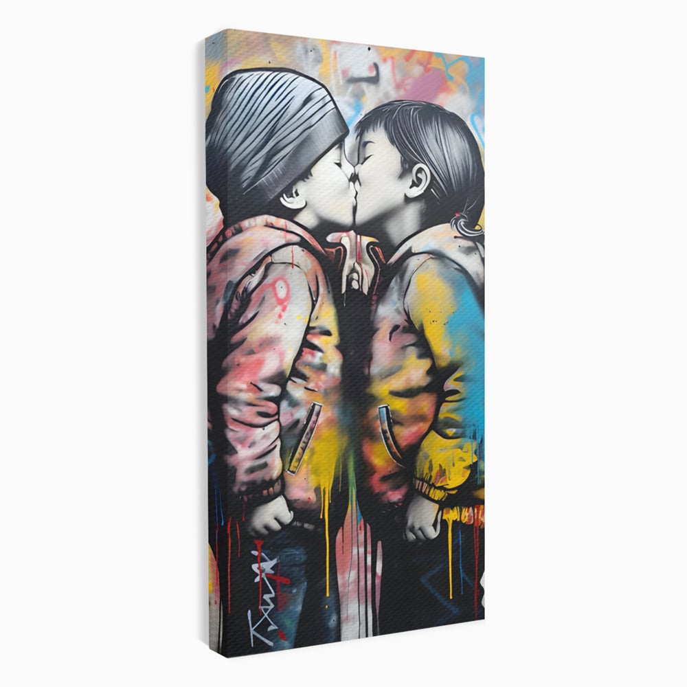 Tablou canvas cu tablou canvas cu doi copii sarutandu-se, fara rama, pe sasiu de lemn