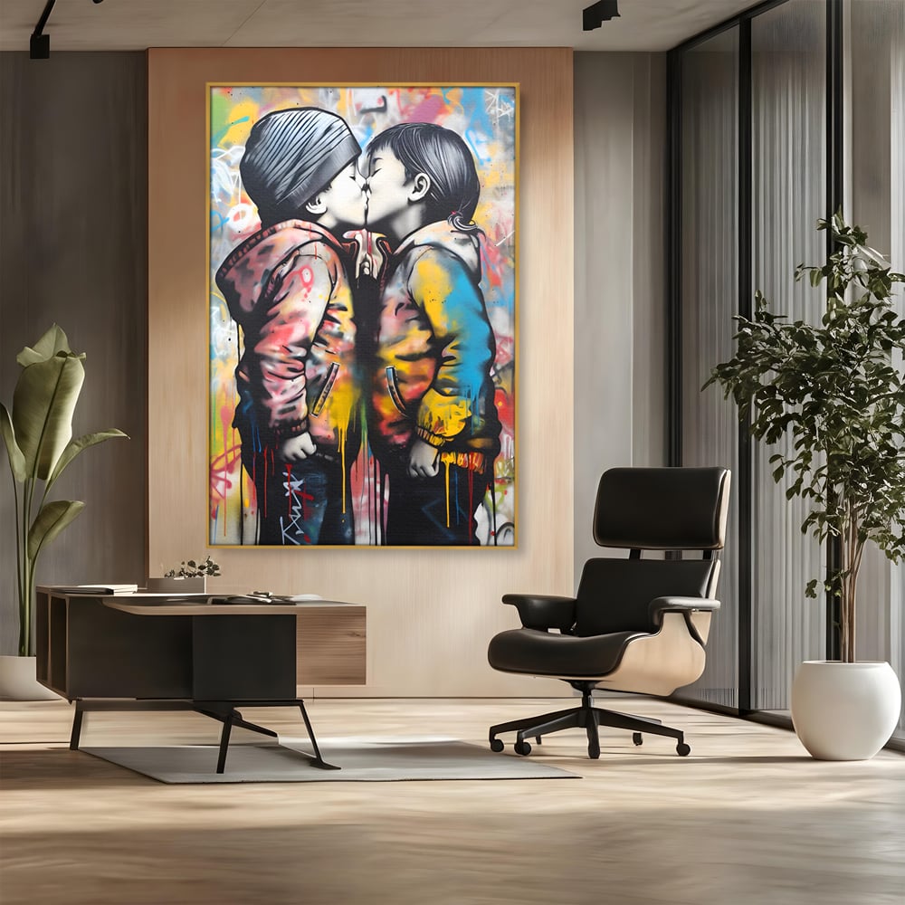 Tablou canvas cu tablou canvas cu doi copii sarutandu-se, in rama de aluminiu auriu, pe perete intr-un birou