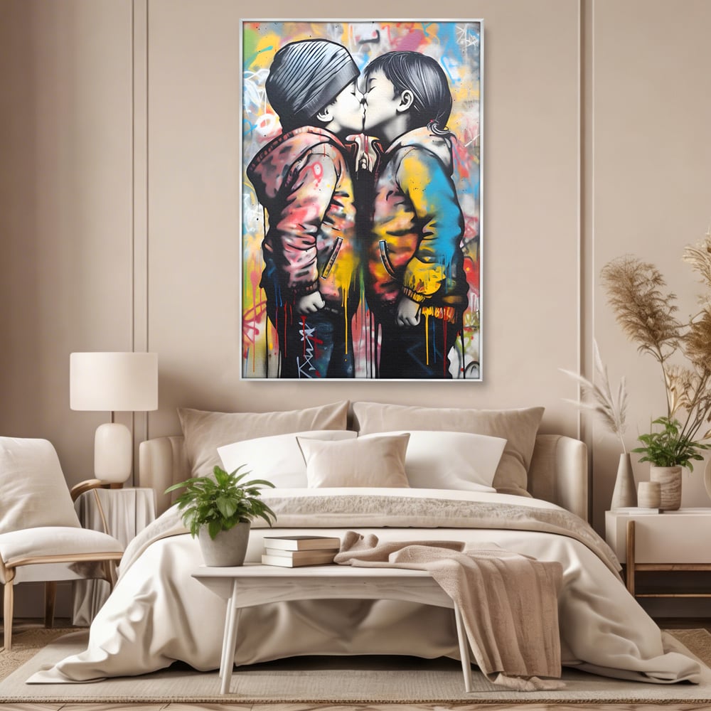 Tablou canvas cu tablou canvas cu doi copii sarutandu-se, in rama de aluminiu argintiu, pe perete intr-un dormitor