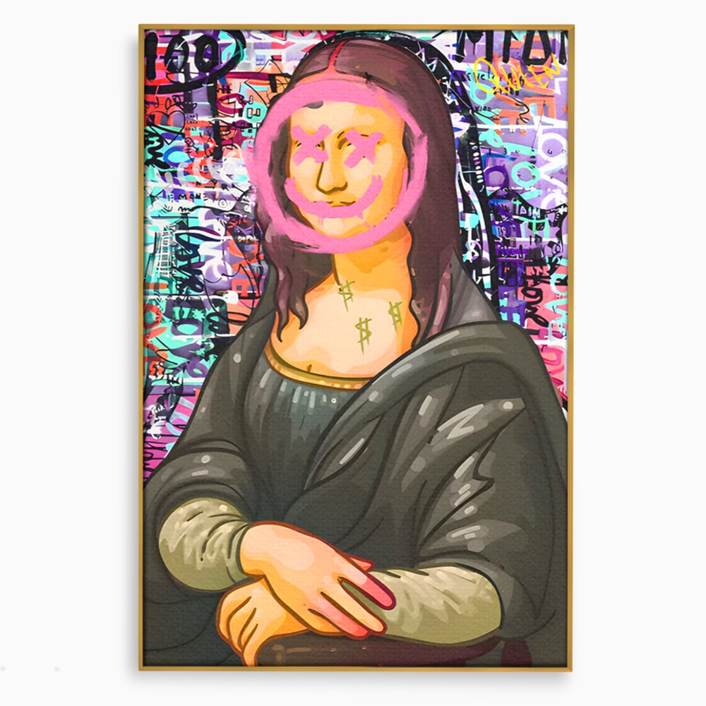 Tablou canvas cu tablou canvas cu mona lisa pop art, in rama de aluminiu auriu