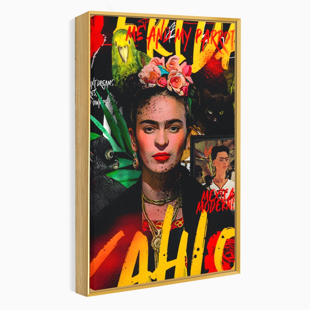 Tablou canvas cu tablou canvas portret frida kahlo, in rama de aluminiu auriu