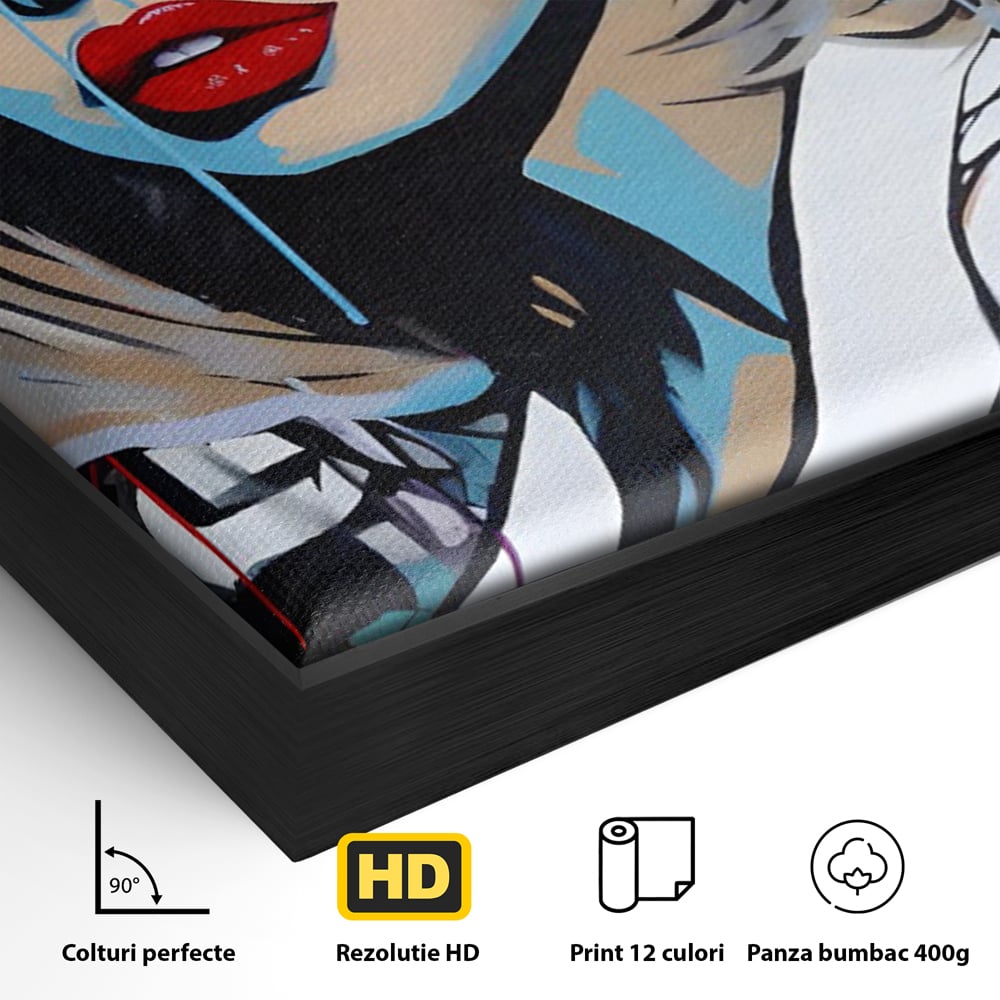 Detaliu al suprafetei: tablou canvas portret pop art femeie cu ochelari, in rama de aluminiu negru