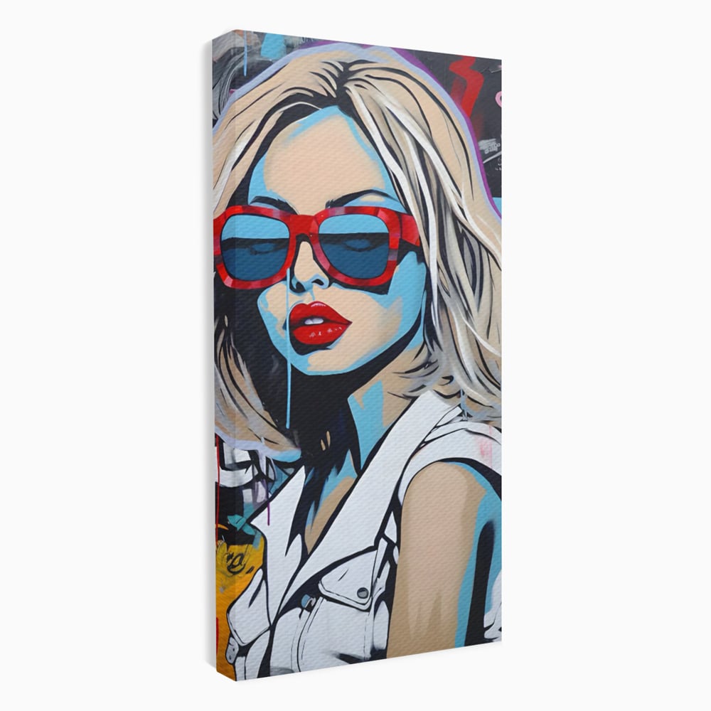 Tablou canvas cu tablou canvas portret pop art femeie cu ochelari, fara rama, pe sasiu de lemn