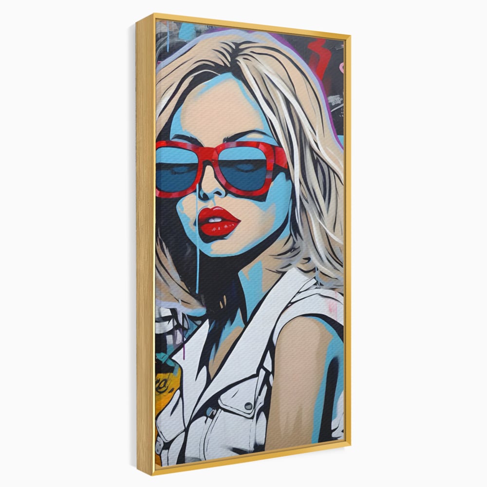 Tablou canvas cu tablou canvas portret pop art femeie cu ochelari, in rama de aluminiu auriu