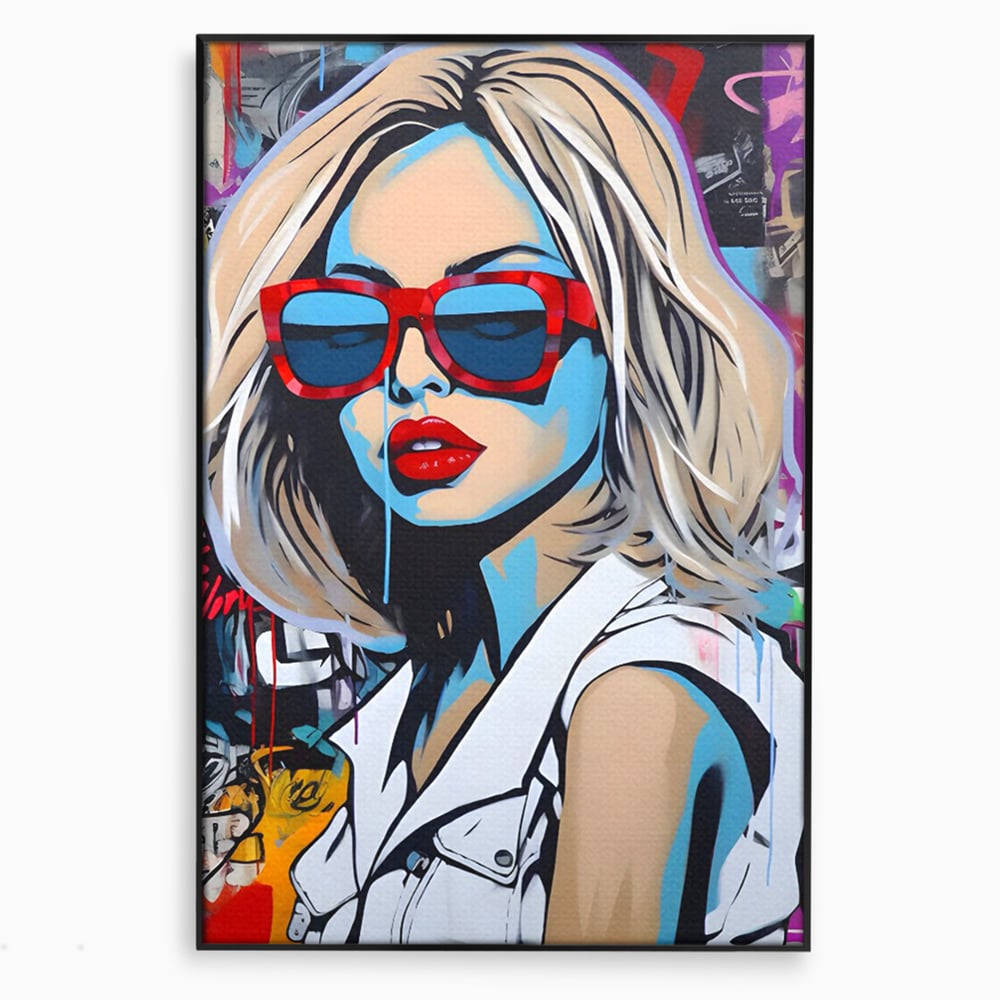 Tablou canvas cu tablou canvas portret pop art femeie cu ochelari, in rama de aluminiu negru