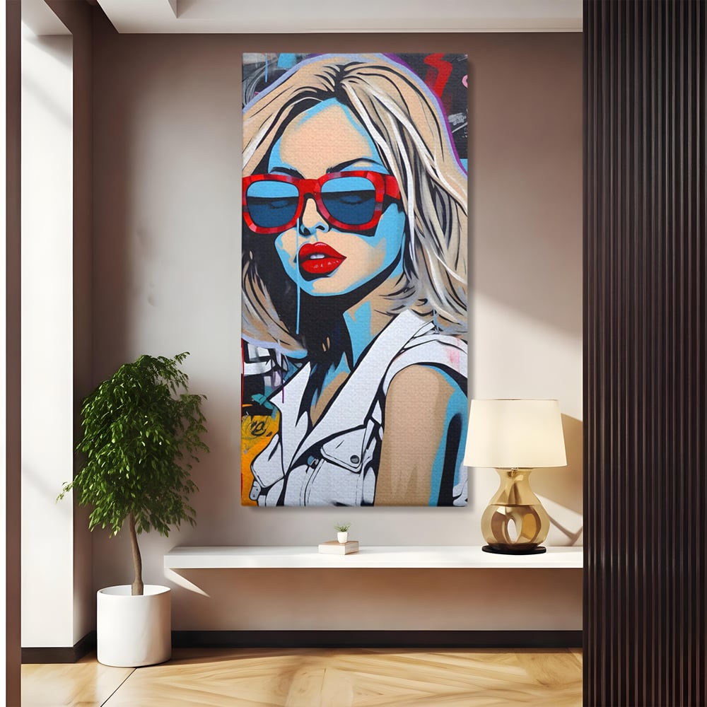 Tablou canvas cu tablou canvas portret pop art femeie cu ochelari, fara rama, pe sasiu de lemn