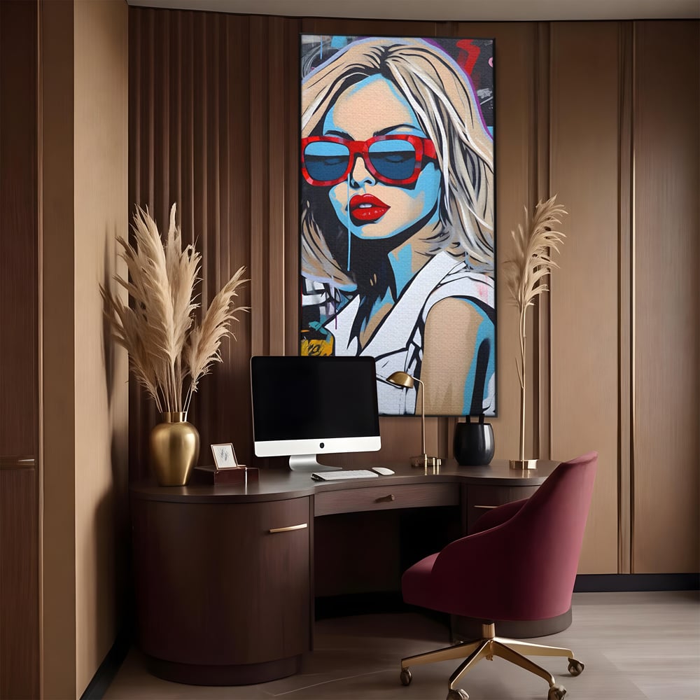 Tablou canvas cu tablou canvas portret pop art femeie cu ochelari, in rama de aluminiu negru, pe perete intr-un birou
