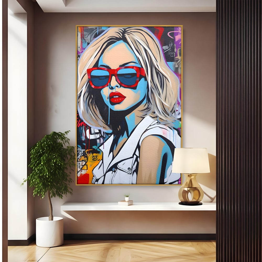 Tablou canvas cu tablou canvas portret pop art femeie cu ochelari, in rama de aluminiu auriu