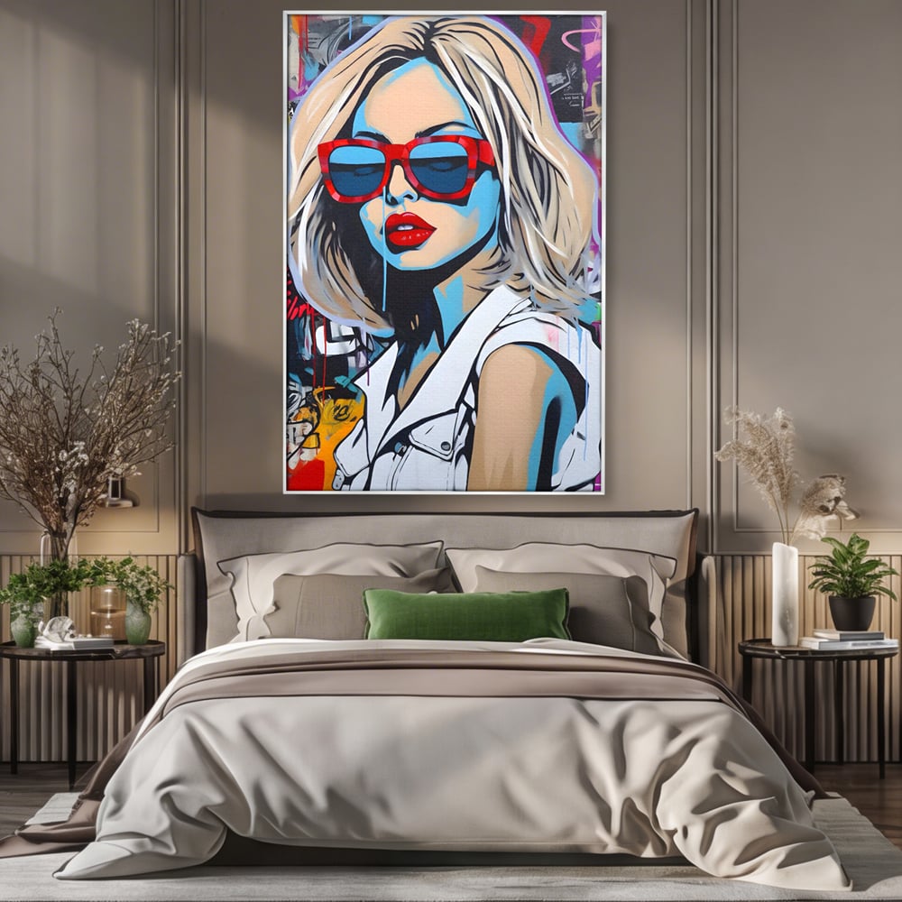 Tablou canvas cu tablou canvas portret pop art femeie cu ochelari, in rama de aluminiu argintiu, pe perete intr-un dormitor