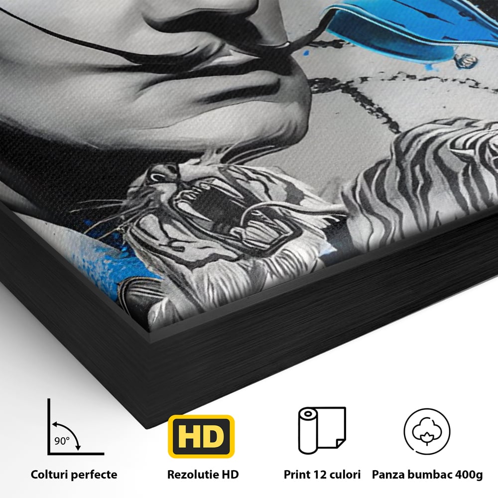 Detaliu al suprafetei: tablou canvas cu portretul stilizat al lui salvador dali, in rama de aluminiu negru