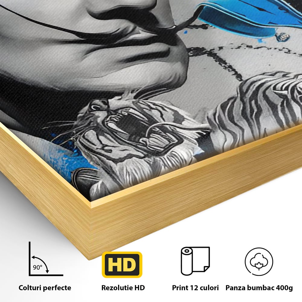 Detaliu al suprafetei: tablou canvas cu portretul stilizat al lui salvador dali, in rama de aluminiu auriu