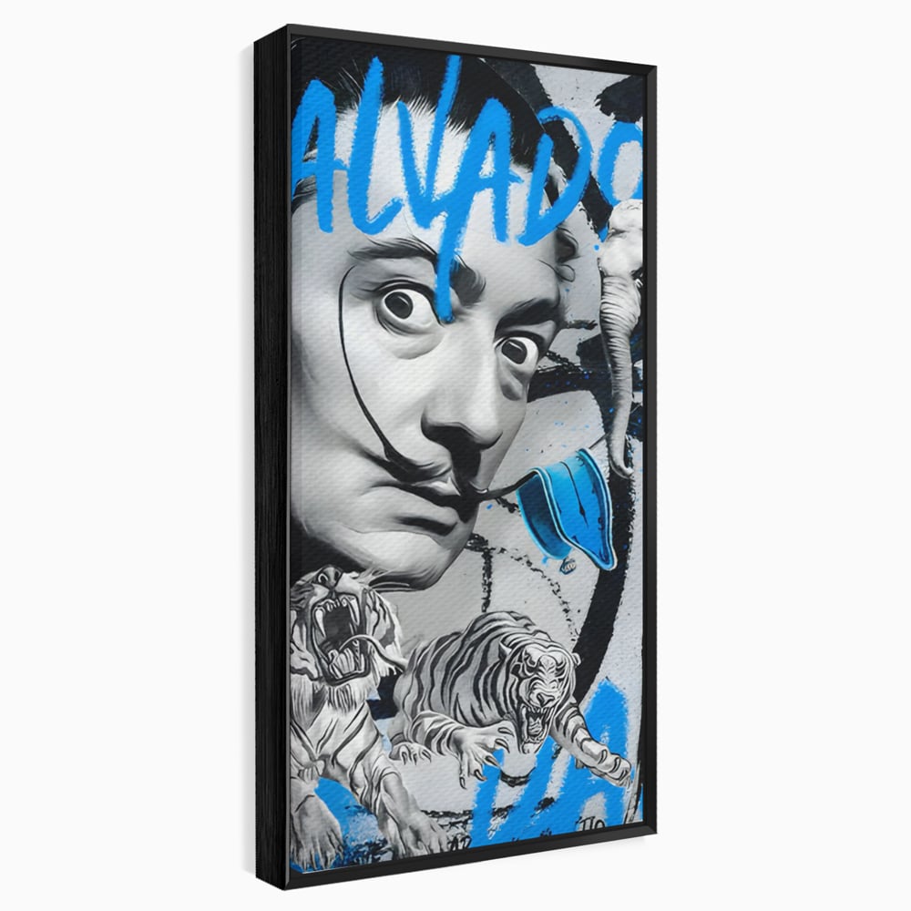 Tablou canvas cu tablou canvas cu portretul stilizat al lui salvador dali, in rama de aluminiu negru