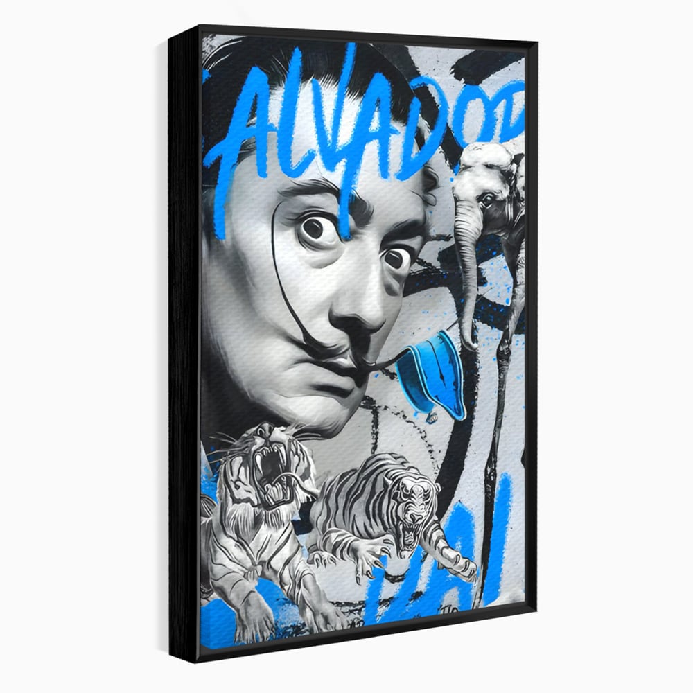 Tablou canvas cu tablou canvas cu portretul stilizat al lui salvador dali, in rama de aluminiu negru
