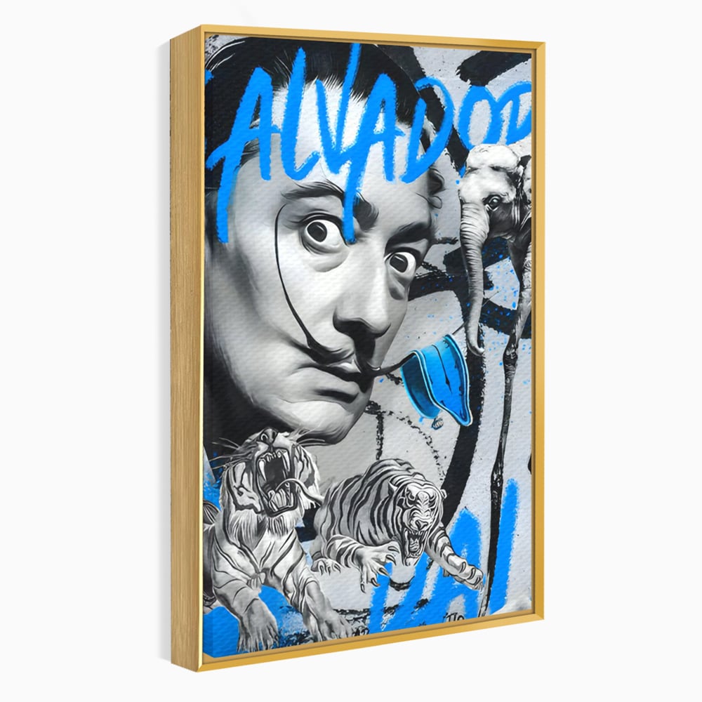 Tablou canvas cu tablou canvas cu portretul stilizat al lui salvador dali, in rama de aluminiu auriu