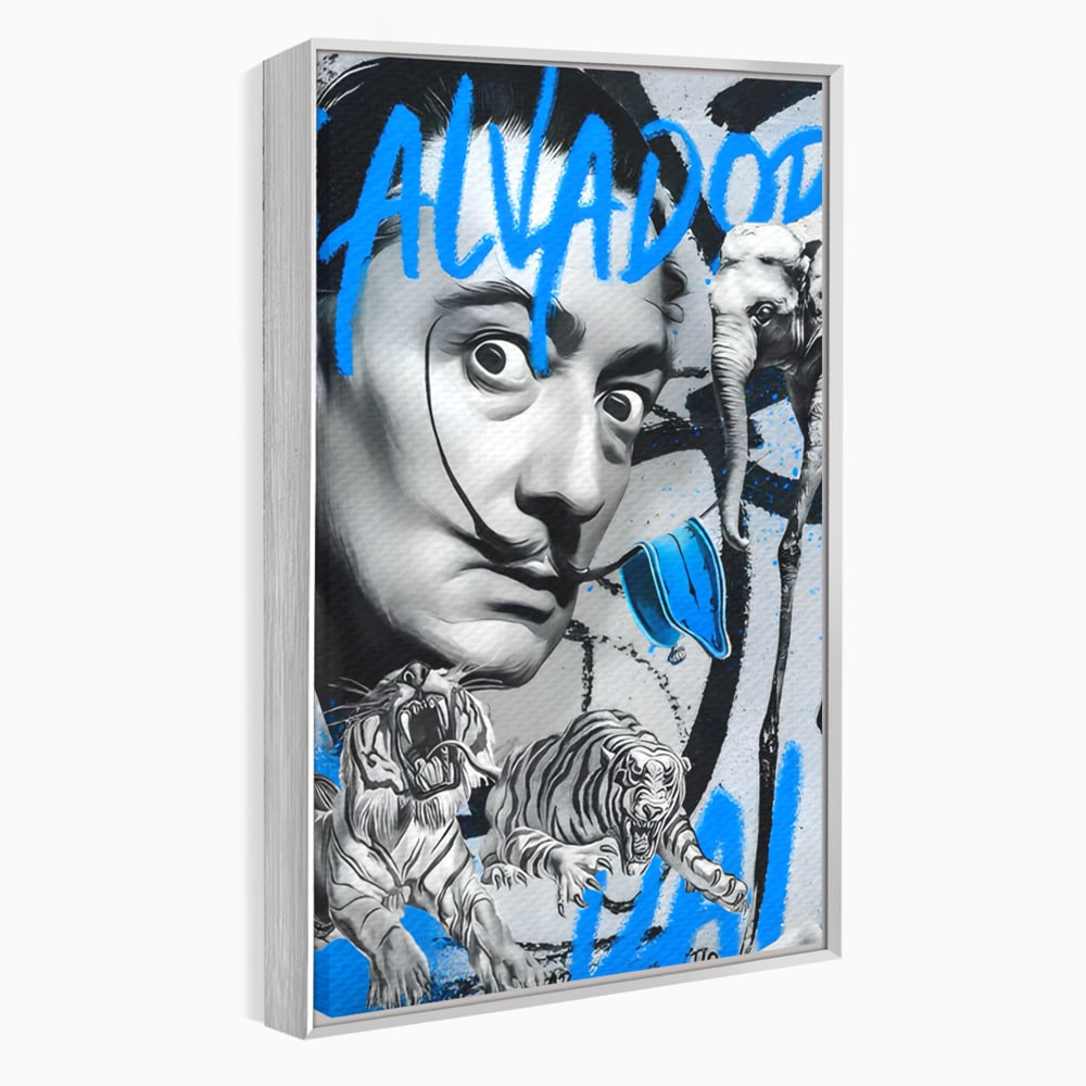 Tablou canvas cu tablou canvas cu portretul stilizat al lui salvador dali, in rama de aluminiu argintiu