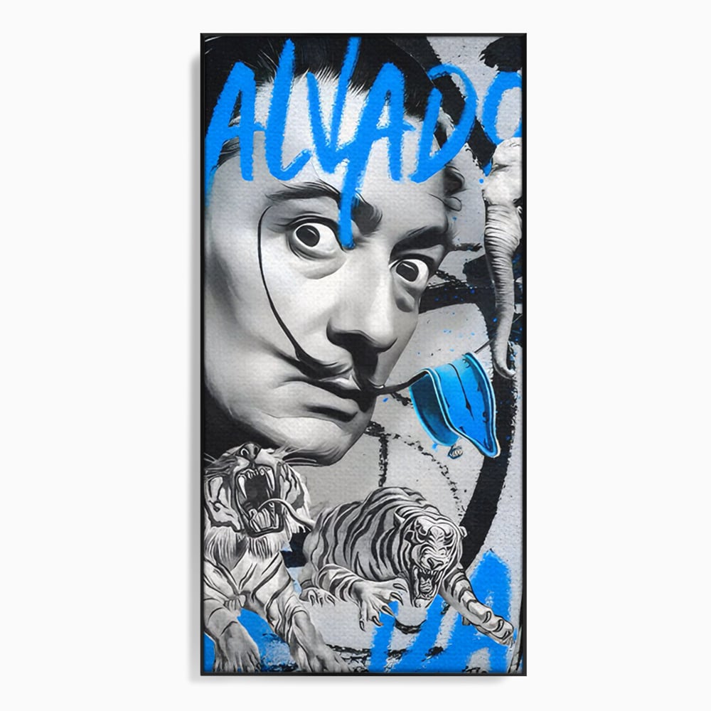 Tablou canvas cu tablou canvas cu portretul stilizat al lui salvador dali, in rama de aluminiu negru
