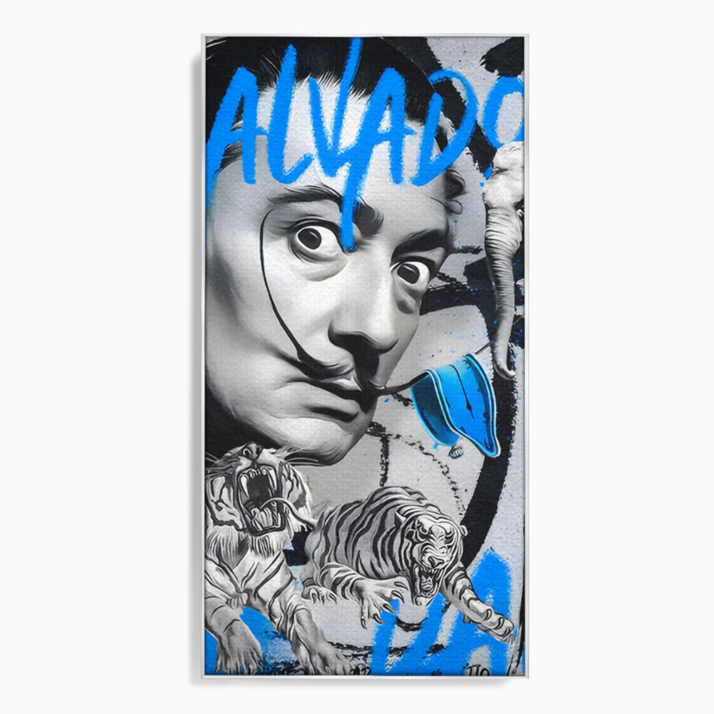 Tablou canvas cu tablou canvas cu portretul stilizat al lui salvador dali, in rama de aluminiu argintiu