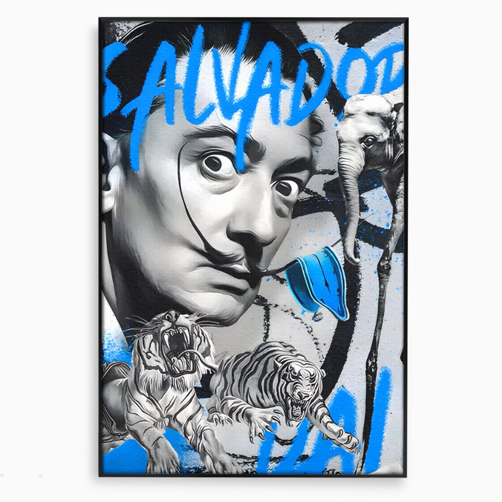 Tablou canvas cu tablou canvas cu portretul stilizat al lui salvador dali, in rama de aluminiu negru