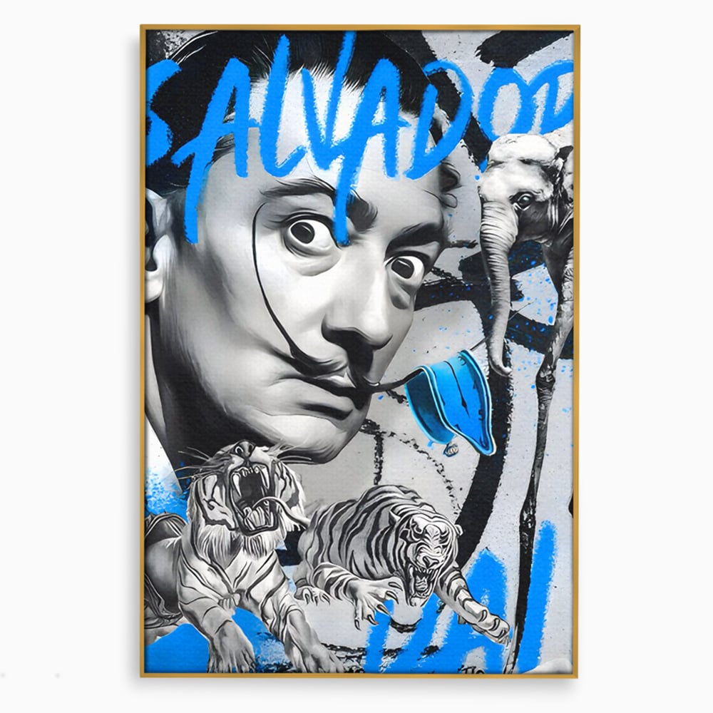 Tablou canvas cu tablou canvas cu portretul stilizat al lui salvador dali, in rama de aluminiu auriu