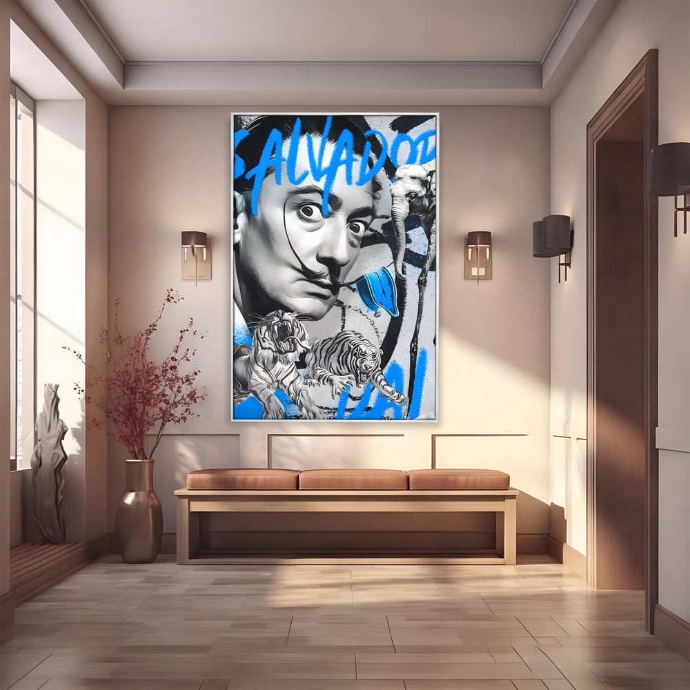 Tablou canvas cu tablou canvas cu portretul stilizat al lui salvador dali, in rama de aluminiu argintiu