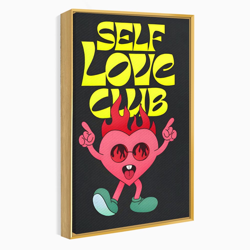 Tablou canvas cu ilustratie cu inimioara dansatoare si flacari, in rama de aluminiu auriu