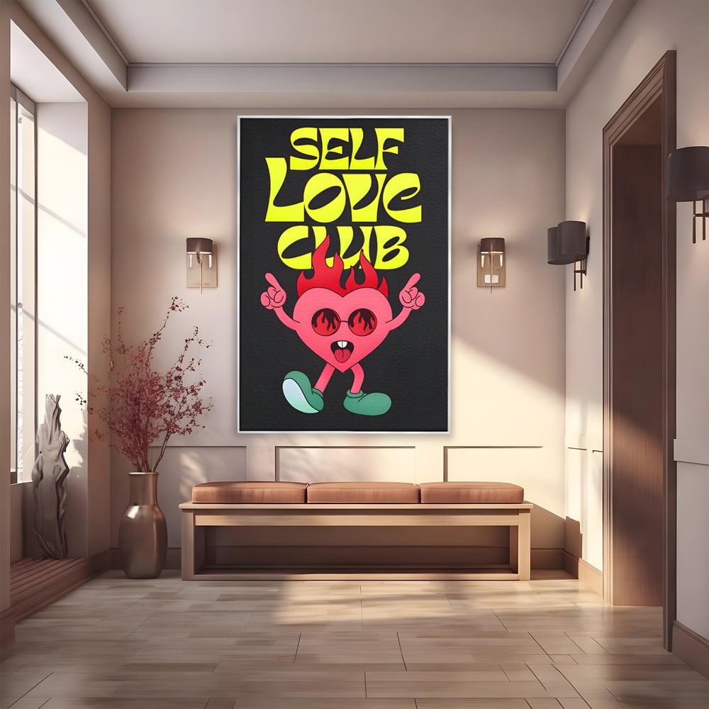 Tablou canvas cu ilustratie cu inimioara dansatoare si flacari, in rama de aluminiu argintiu