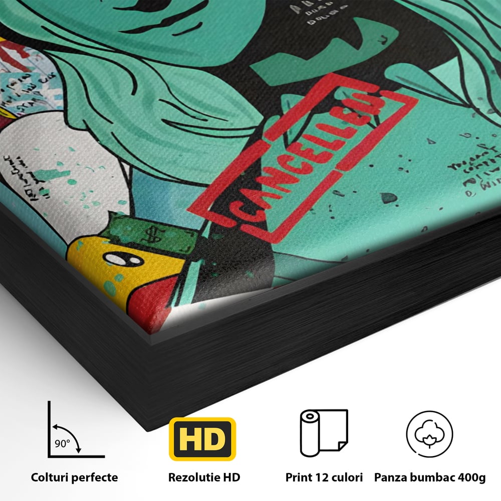 Detaliu al suprafetei: tablou canvas cu statuia libertatii in stil grafitti, in rama de aluminiu negru