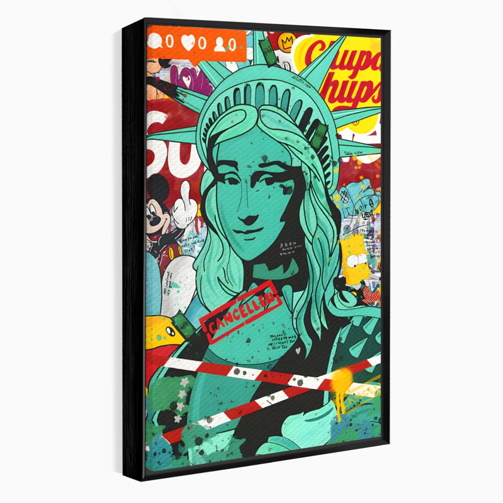 Tablou canvas cu tablou canvas cu statuia libertatii in stil grafitti, in rama de aluminiu negru