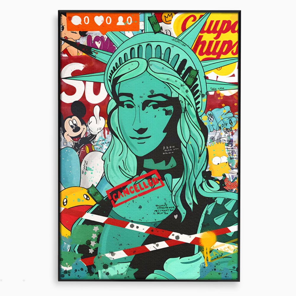 Tablou canvas cu tablou canvas cu statuia libertatii in stil grafitti, in rama de aluminiu negru