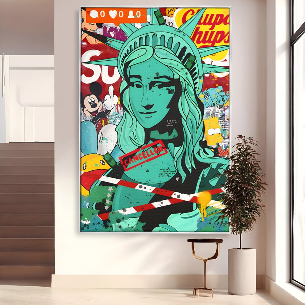 Tablou canvas cu tablou canvas cu statuia libertatii in stil grafitti, in rama de aluminiu argintiu