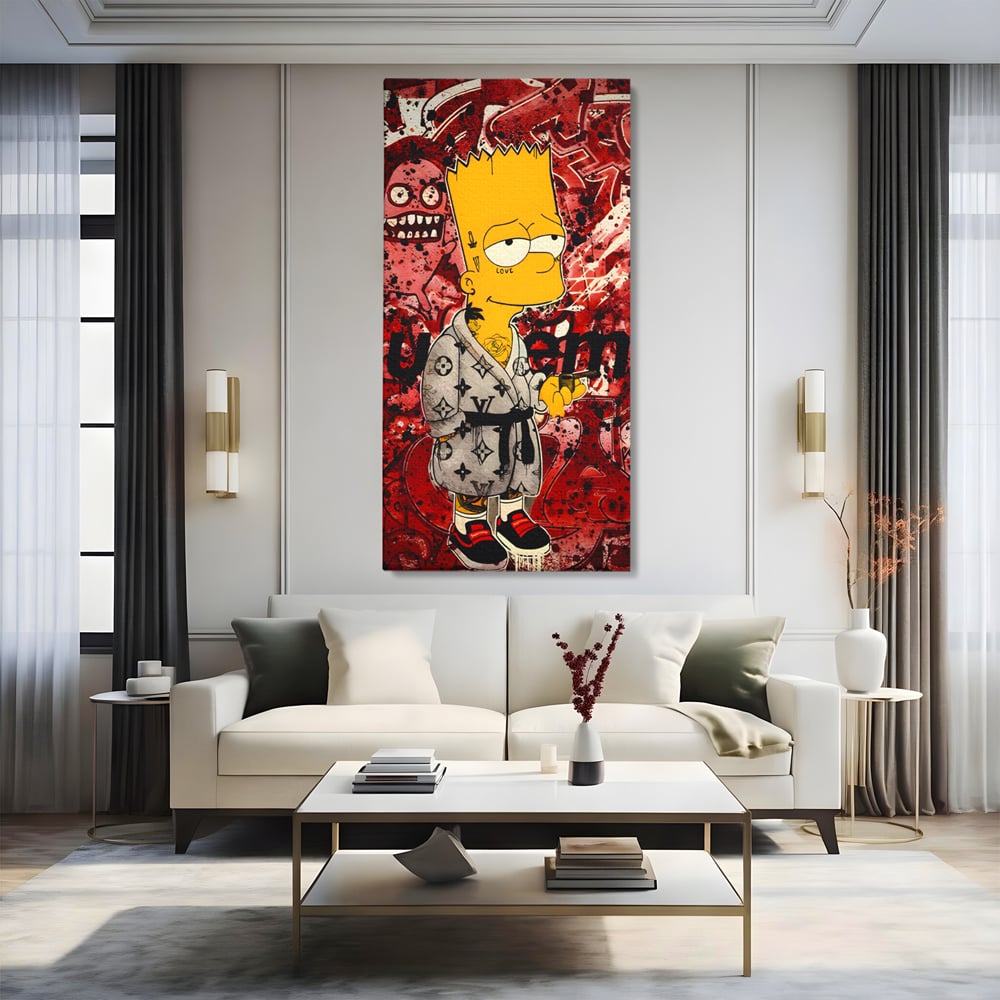 Tablou canvas cu tablou canvas cu bart simpson graffiti, fara rama, pe sasiu de lemn, pe perete intr-un living