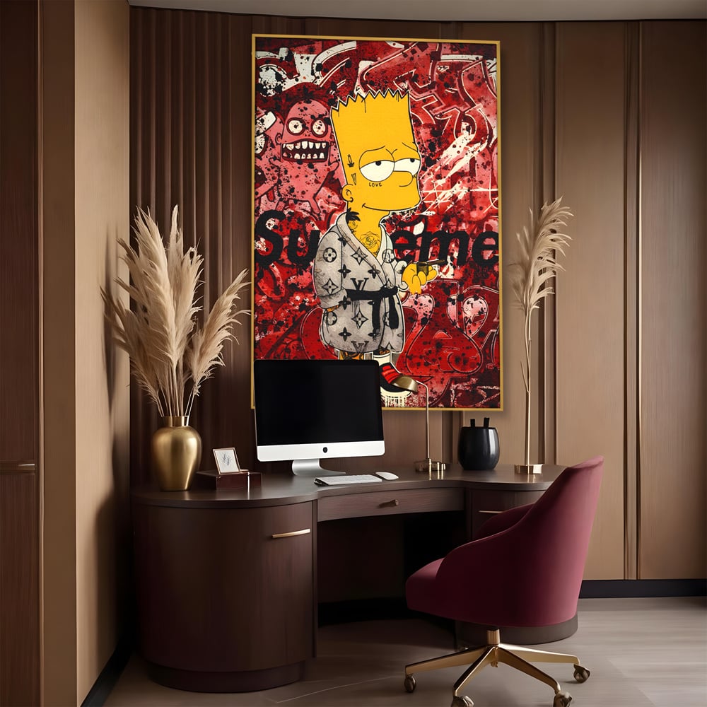 Tablou canvas cu tablou canvas cu bart simpson graffiti, in rama de aluminiu auriu, pe perete intr-un birou