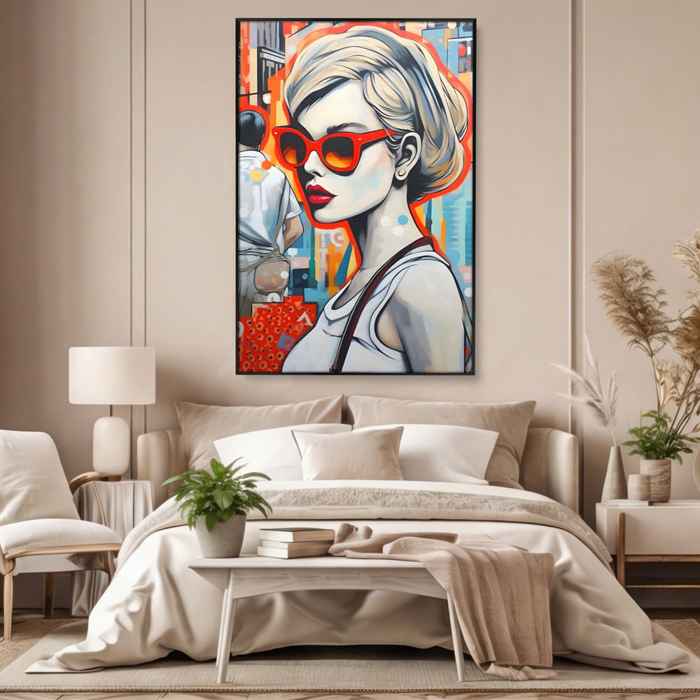 Tablou canvas cu tablou canvas cu portret stilizat de femeie, in rama de aluminiu negru, pe perete intr-un dormitor