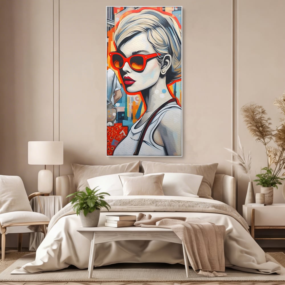 Tablou canvas cu tablou canvas cu portret stilizat de femeie, in rama de aluminiu argintiu, pe perete intr-un dormitor