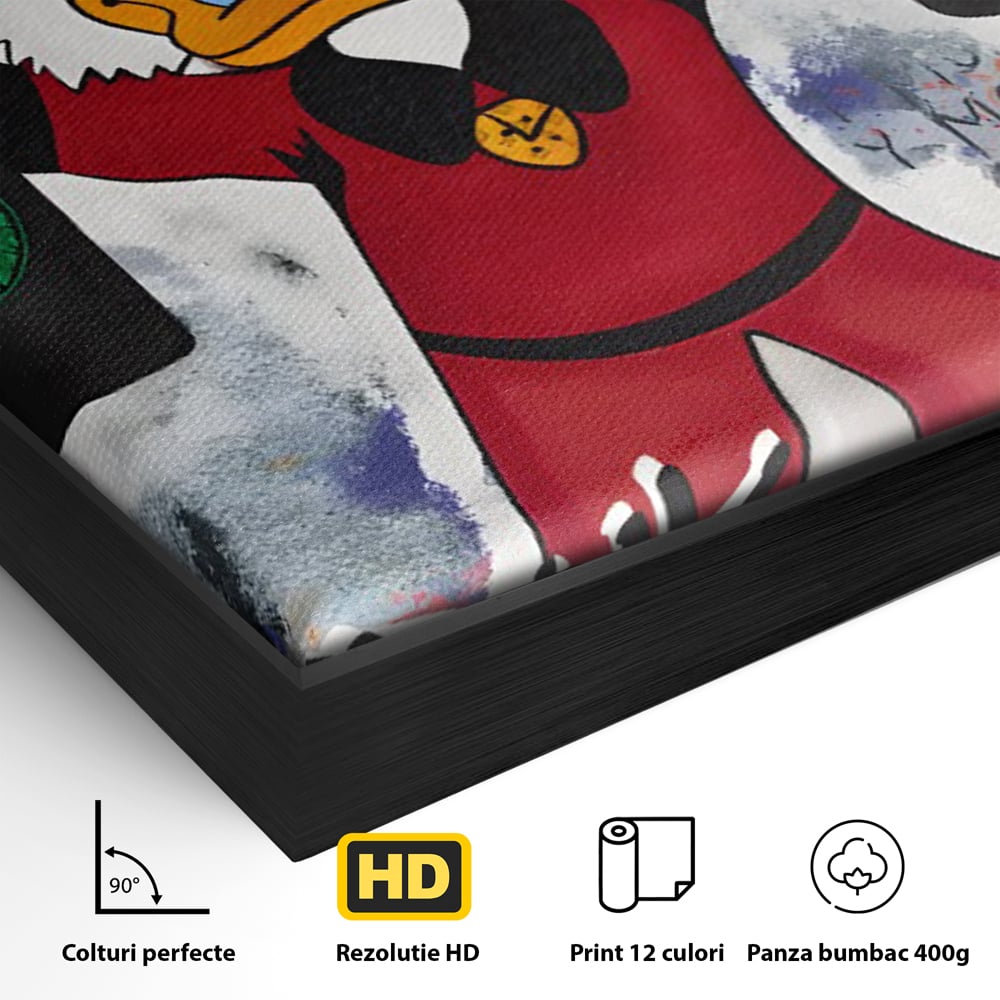 Detaliu al suprafetei: tablou canvas cu personaj animat si sticle de sampanie, in rama de aluminiu negru