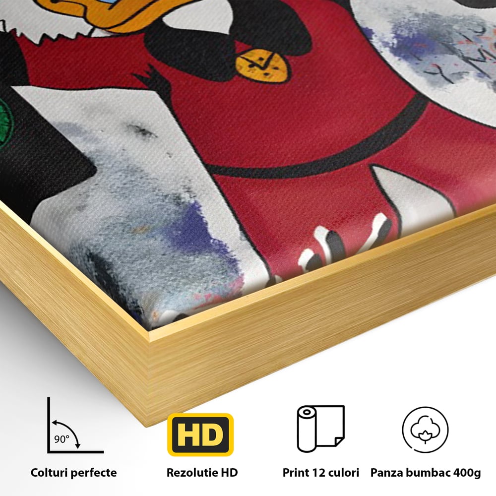 Detaliu al suprafetei: tablou canvas cu personaj animat si sticle de sampanie, in rama de aluminiu auriu