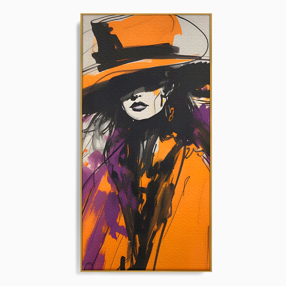 Tablou canvas cu ilustratie portret femeie cu palarie portocalie, in rama de aluminiu auriu