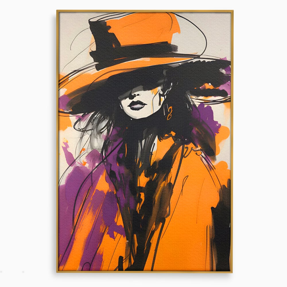 Tablou canvas cu ilustratie portret femeie cu palarie portocalie, in rama de aluminiu auriu