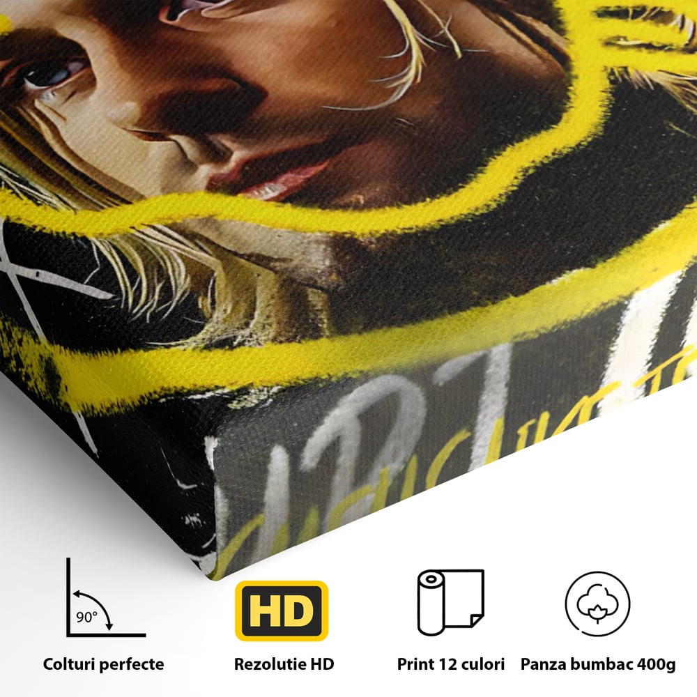 Detaliu al suprafetei: tablou canvas cu portretul lui kurt cobain, fara rama, pe sasiu de lemn
