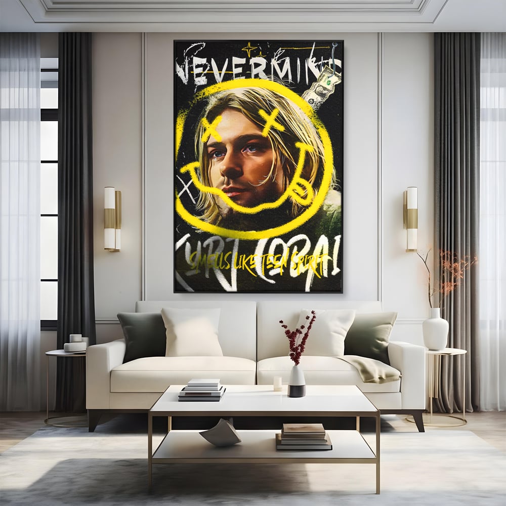Tablou canvas cu tablou canvas cu portretul lui kurt cobain, in rama de aluminiu negru, pe perete intr-un living