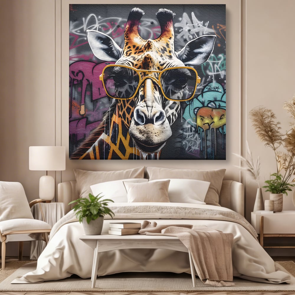 Tablou canvas cu tablou canvas cu girafa stilizata, fara rama, pe sasiu de lemn, pe perete intr-un dormitor