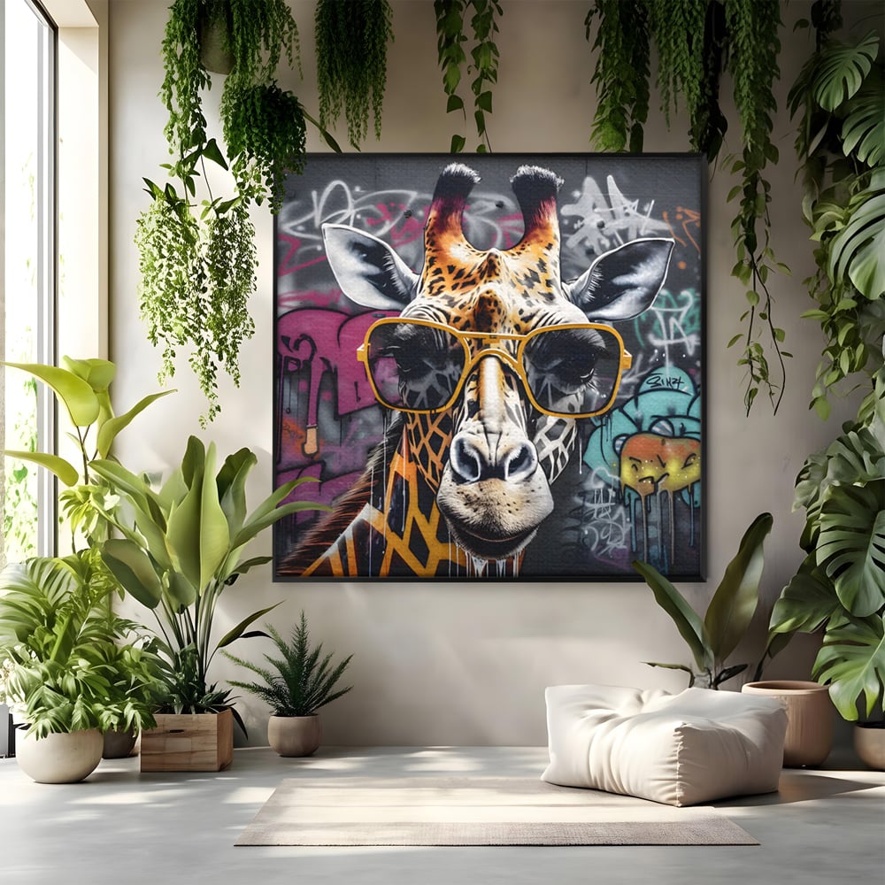 Tablou canvas cu tablou canvas cu girafa stilizata, in rama de aluminiu negru