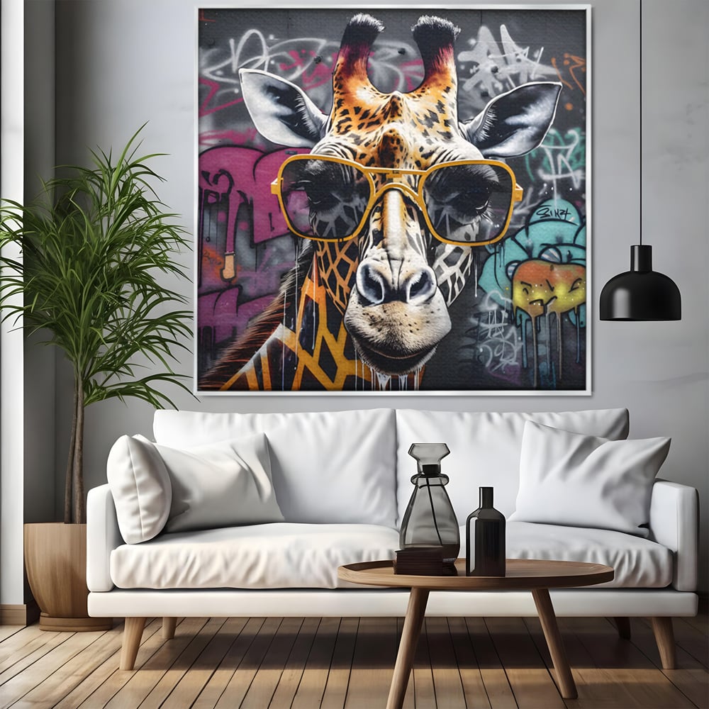Tablou canvas cu tablou canvas cu girafa stilizata, in rama de aluminiu argintiu, pe perete intr-un living