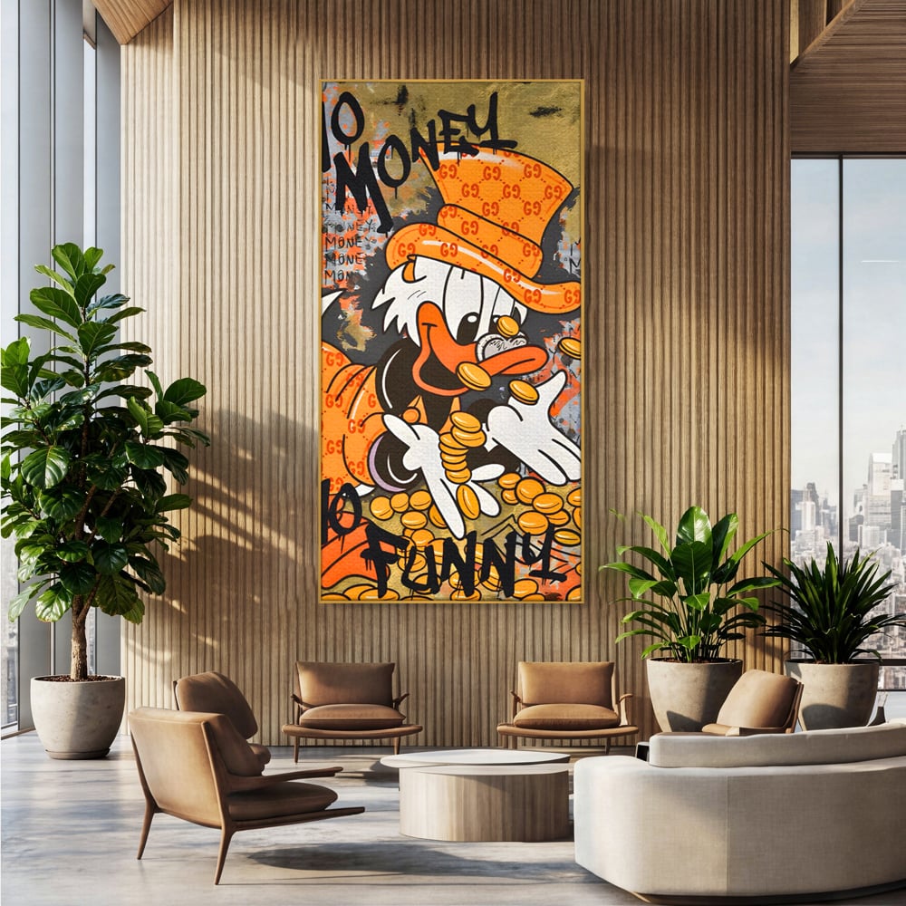 Tablou canvas cu tablou canvas cu rata stilizata, in rama de aluminiu auriu, pe perete intr-un birou